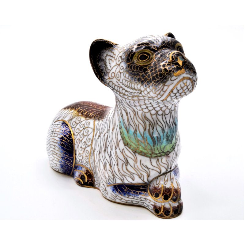 Vintage Cloisonne Sitting Big Dog . Hand Made Unusual Pattern, Blanc
