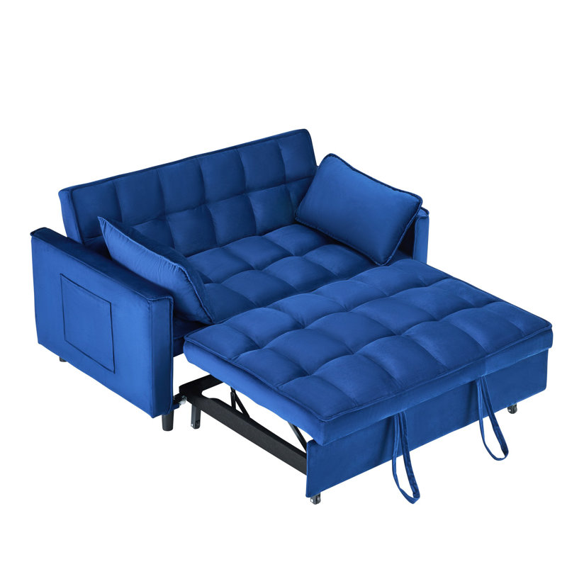 '' dreamlike blue velvet sofa with elegant design, convenient pockets, and three-in-one convertible functionality.