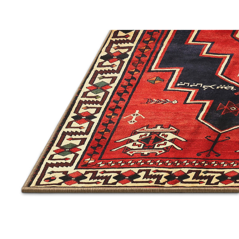Tapis rouge / noir / jaune en laine tissé à la machine Southwestern, Rectangle 7 pi x 9 pi
