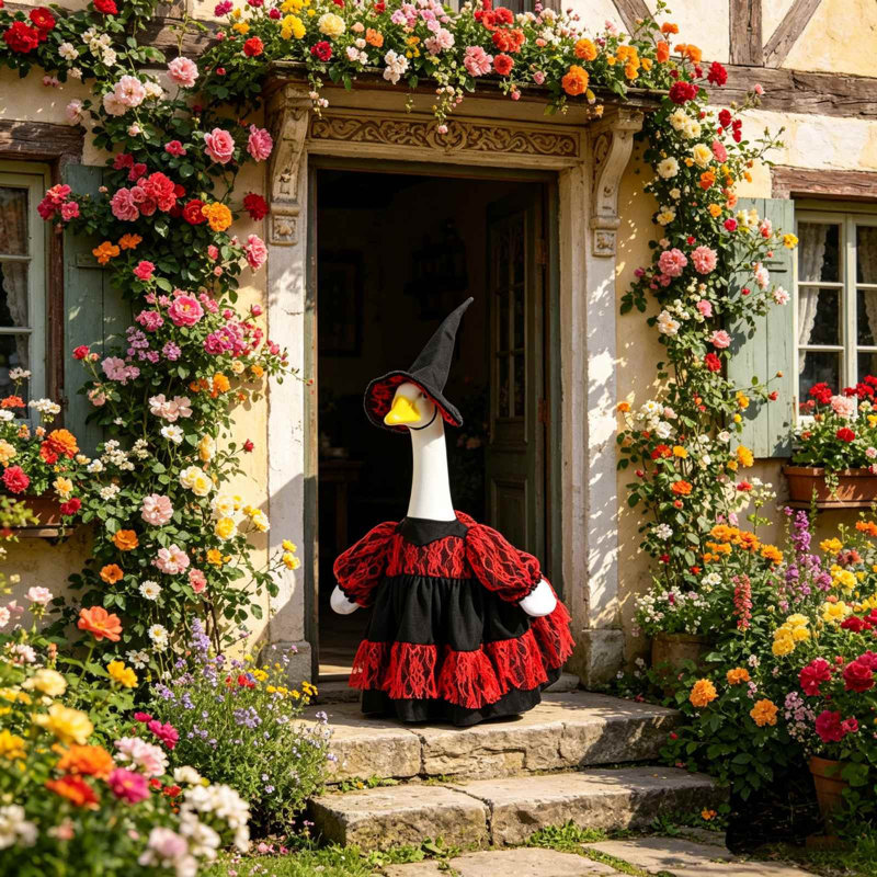 Porche oie, robe de décoration avec chapeau, rouge