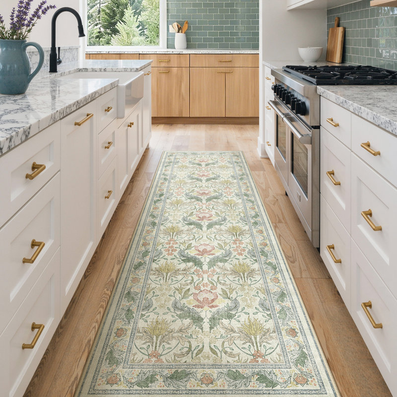 Bloom Floral Green/Beige Non-Slip Machine-Washable Area Rug, Beige/Green, Runner 2'6" x 8'