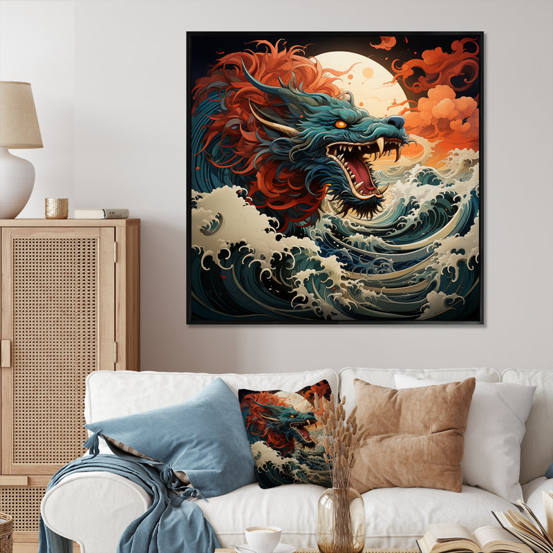 Dragon japonais sur la vague au large de Kanagawa I - Dragons, art mural, Cadre flottant noir, H 16 po x l 16 po x P 1 po