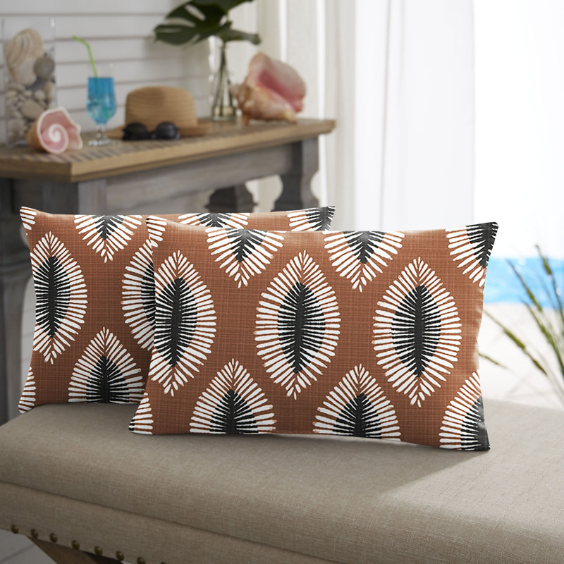Hayden Sunstone Indoor/Outdoor Geometric Brown/Black Rectangular Lumbar Cushion Cover, 12" x 18"