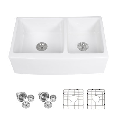 33" L x 21" W Farmhouse Double Bowl 60/40 Ceramic Kitchen Sink White Ceramic Apron Front Sink
