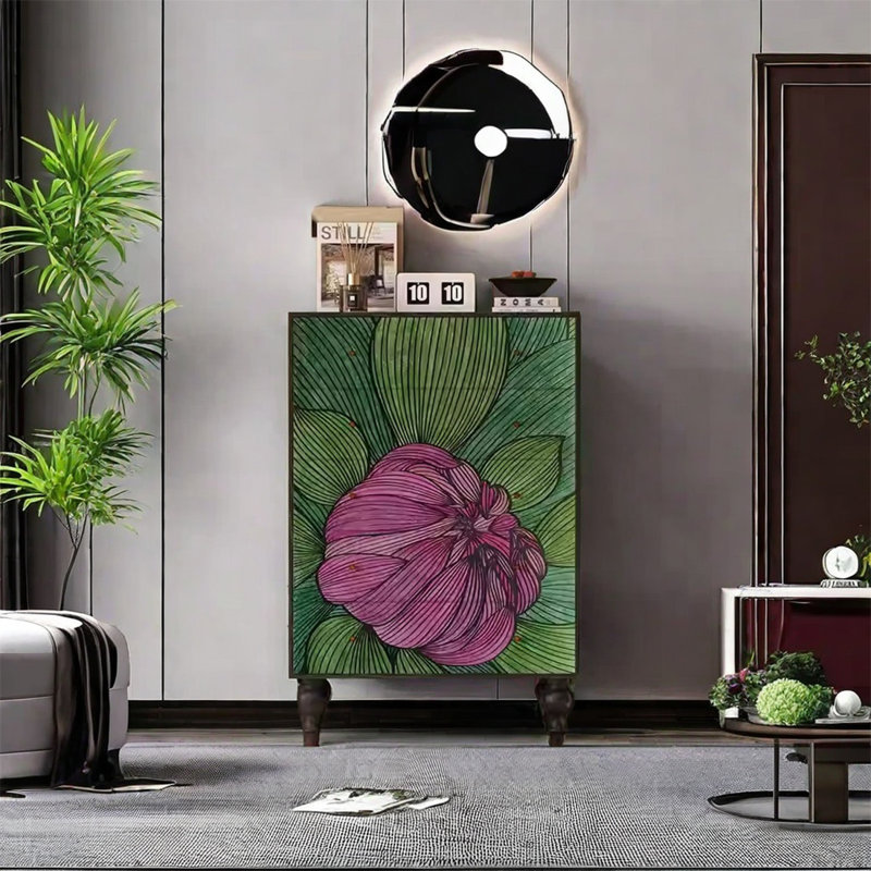Walnut Five-Drawer Cabinet with Artistic Design