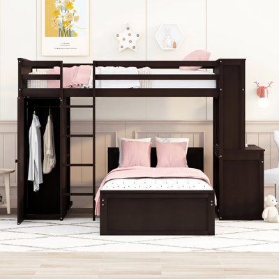 Lit mezzanine simple gris avec rangement supplémentaire. Fabrication en bois massif de qualité. Offre un espace de travail et de jeu. Aucune base requise - rehaussez vos tablettes, votre bureau et votre garde-robe. Qualité