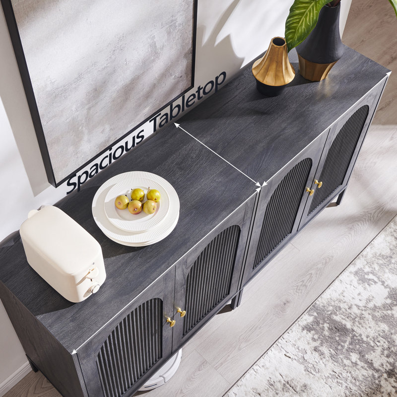 Buffet moderne cannelé avec rangement, Gris, Two pieces, H 34 po x l 61,76 po x P 15,75 po
