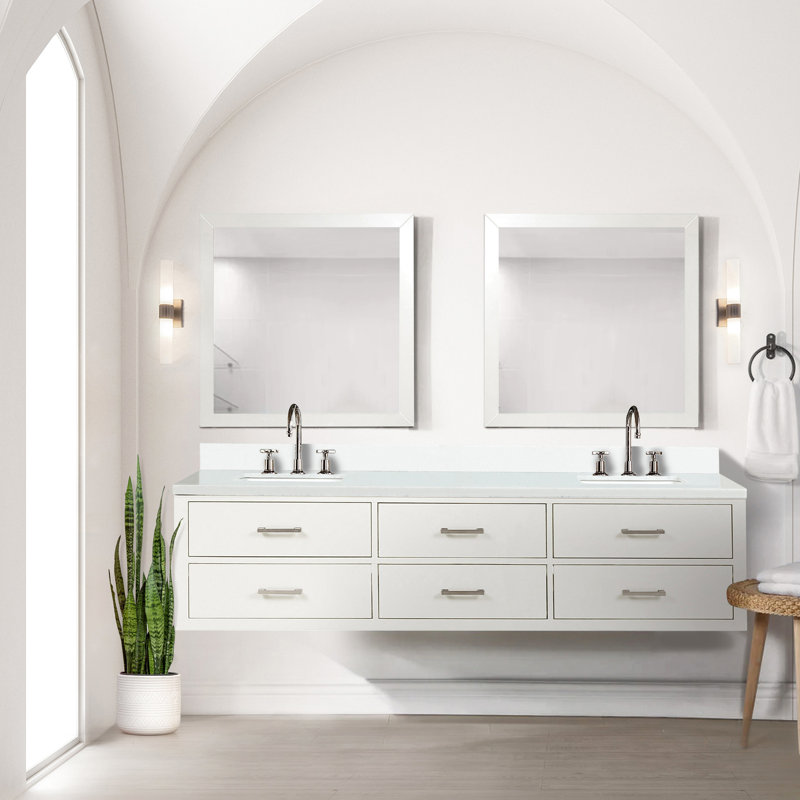 Meuble-lavabo double blanc l 80 po x P 22 po - surface en quartz, robinet, comptoir en bois massif avec miroir de 36 po, robinet inclus,