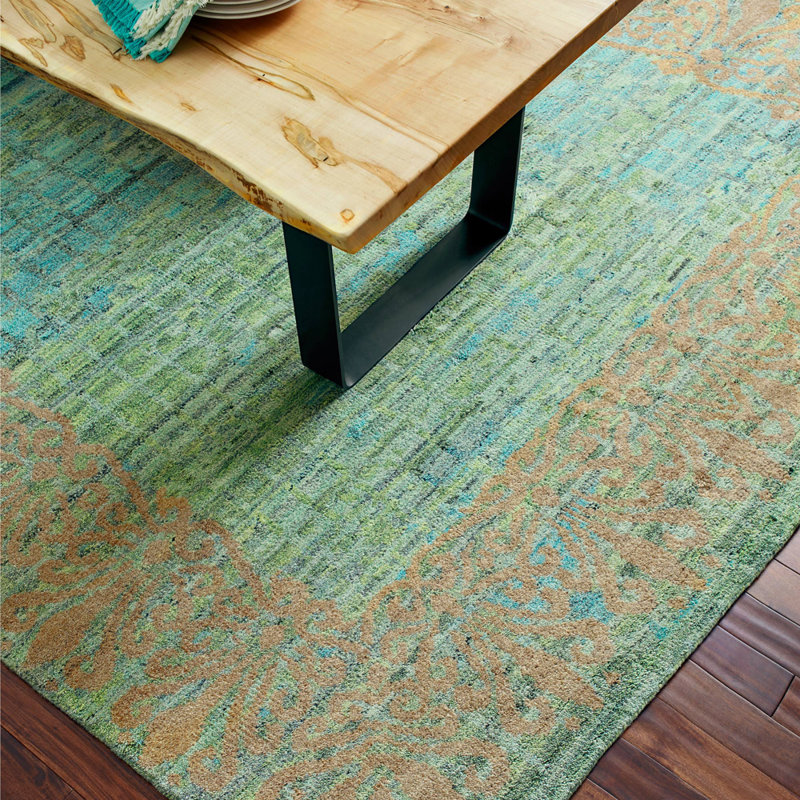 Florence Hand Knotted Wool Abstract Area Rug in Jade, Rectangle 6' x 9'