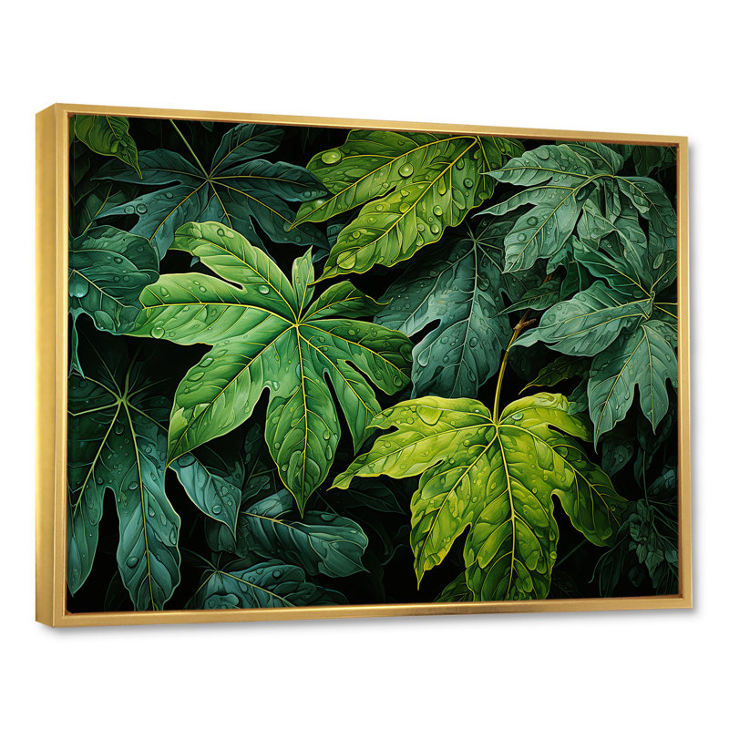 Toile émeraude, forêt tropicale, feuilles I sur toile, H 24 po x l 32 po x P 1 po, Cadre flottant doré