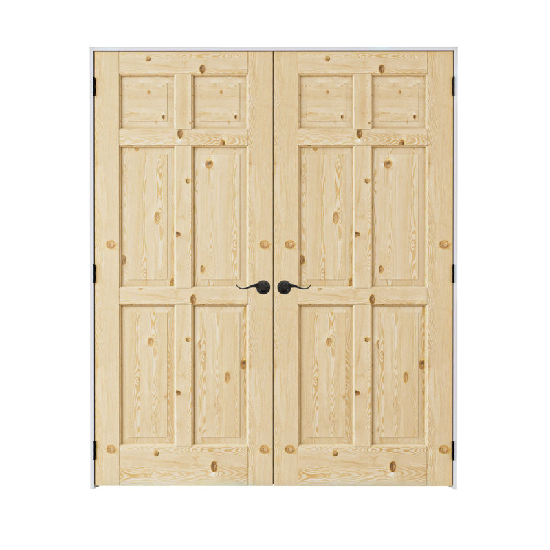 Porte de garde-manger en bois massif de pin à 6 panneaux avec portes et poignées, 48 po x 80 po, Pin / noir