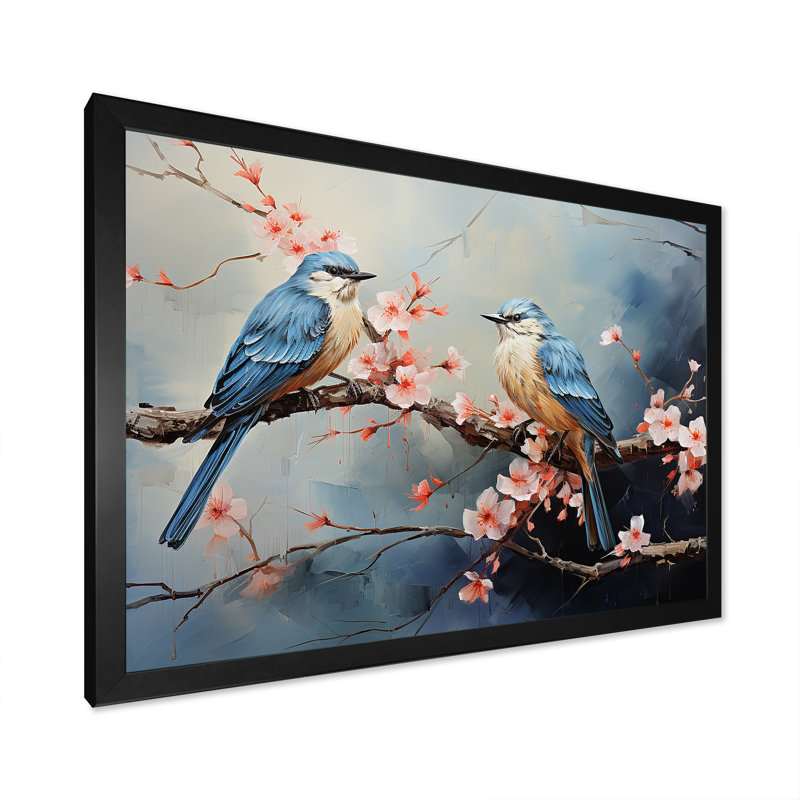 Sakura Blue Birds on Pink Blossom Tree - Art mural oiseau, H 12 po x l 20 po x P 1 po, Cadre d'angle fermé noir