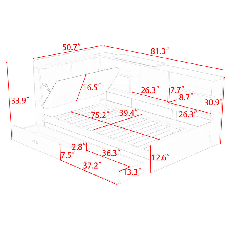 Twin Size Platform Bed with Storage Shelves and 2 Drawers, Grey