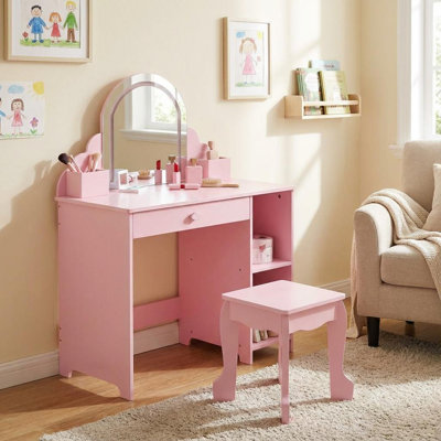 Ensemble de coiffeuse et chaise pour enfants, coiffeuse avec tablettes et tiroir de rangement, bureau d'étude pour enfants avec grilles de rangement
