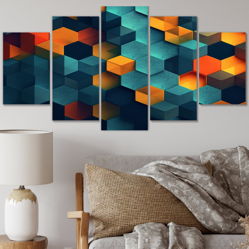 Abstraction géométrique orange et turquoise - formes abstraites, impression d'art mural - 5 panneaux