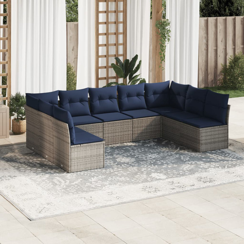Ensemble de canapé de patio 10 pièces avec coussins en rotin de polyester gris, Coussin bleu marine / structure grise