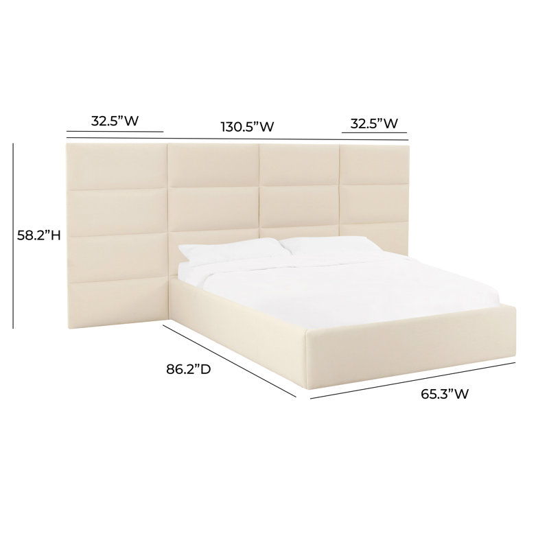 Cream Velvet Upholstered Queen Bed with Adjustable Headboard