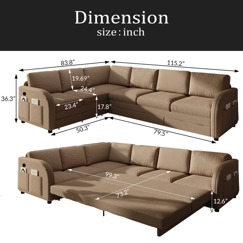 115.2" L-Shaped Sofa Couch With Pull-Out Bed,Oversize Convertible Sleeper Sofa With Side Pocket & USB Port,Teddy Upholstered Sectional Couches With Convert Left/Right Facing