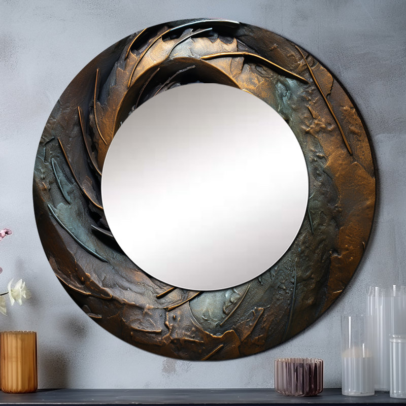 Bronze vortex de sagesse tourbillonnante I - miroir décoratif spirales abstraites, miroir mural gris, impression d'art en métal