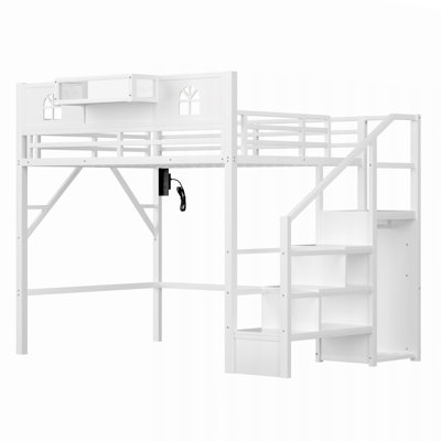 Lit mezzanine en métal avec escalier, garde-robe et garde-corps en forme de maison