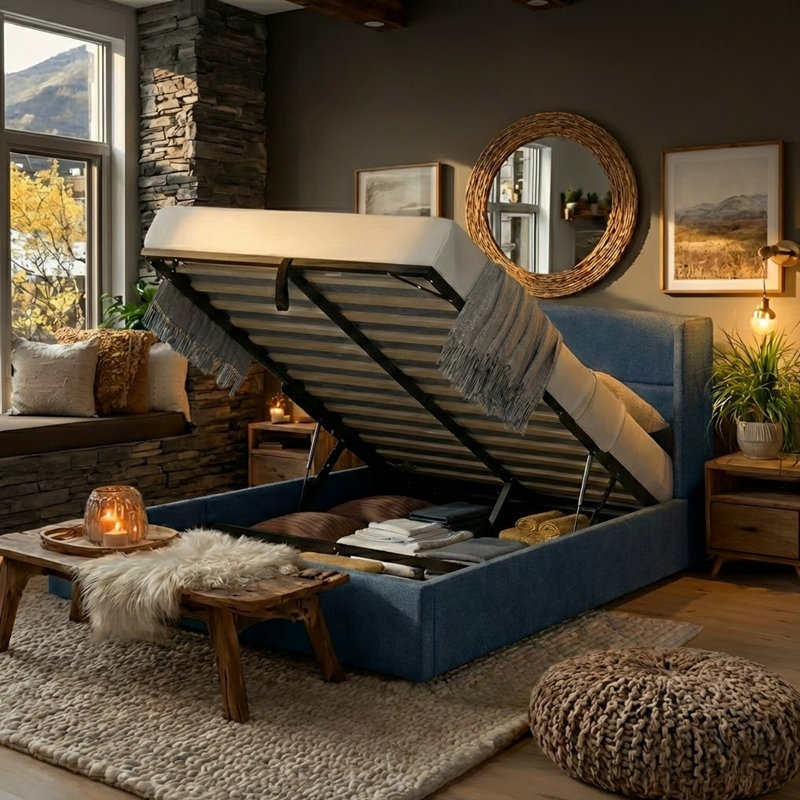 Lit plateforme tapissier avec rangement Gaillarde, Bleu brume grisâtre, Grand