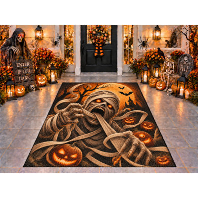Tapis d'extérieur 5' x 7', motif momie d'Halloween, épais, solide, imperméable, en PVC bouclé, tapis de patio résistant, tapis intérieur/extérieur à séchage rapide pour porche, terrasse, balcon, entrée.