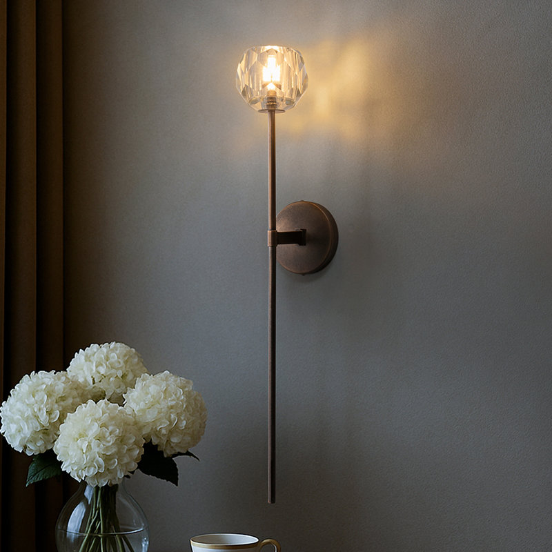 H28" 1-light Antique Bronze Vertical Wall Lamp With Faceted K9 Crystal Shade Modern Crystal Wall Sconce Indoor Wall Light For Bathroom Vanity Hallway Bedroom
