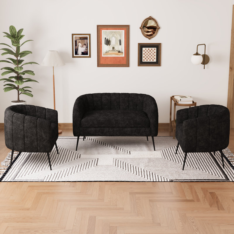 Ensemble de meubles de salon 3 pièces, causeuse rembourrée et 2 chaises d'appoint, Noir