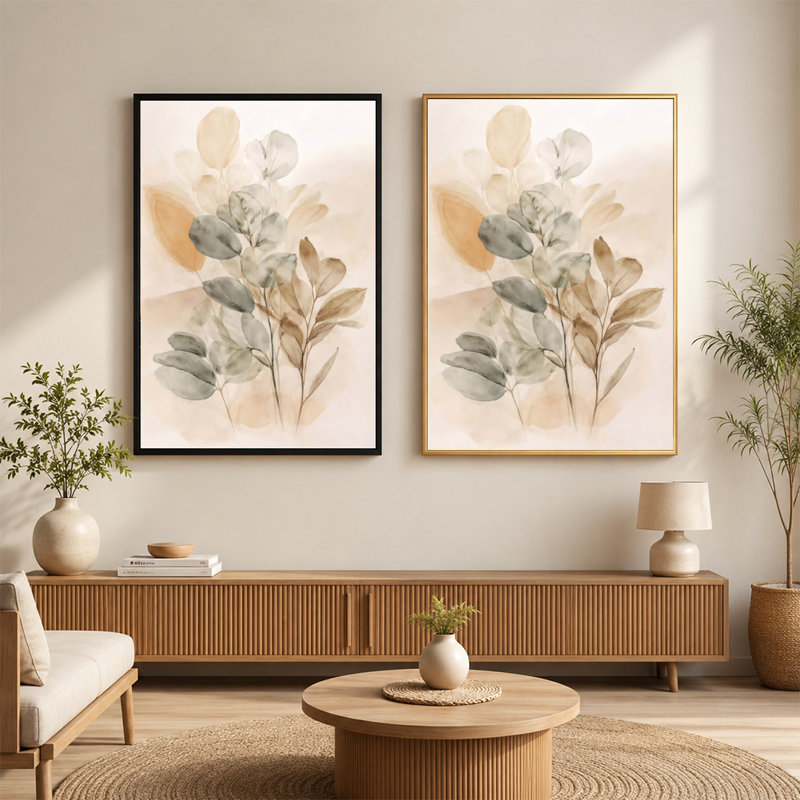 Art mural sur toile de feuilles botaniques avec cadre flottant, prêt à être suspendu, 16 x 24 po, Beige