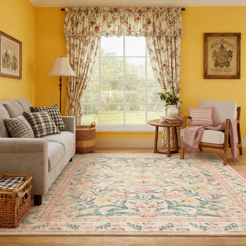 Machine-washable pink carpet Bohemian floral carpet, Rectangle 8' x 10'