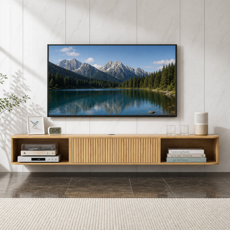 Meuble télé moderne flottant avec porte cannelée, console multimédia murale pour téléviseur de 80 po ou moins