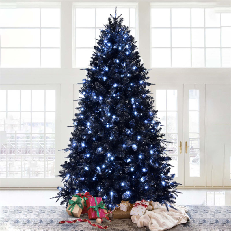 Arbre de Noël noir 6 pi avec 350 lumières DEL préinstallées, 1460 pointes PE + PVC pour la décoration d'Halloween et des Fêtes, structure à charnières avec support en métal stable