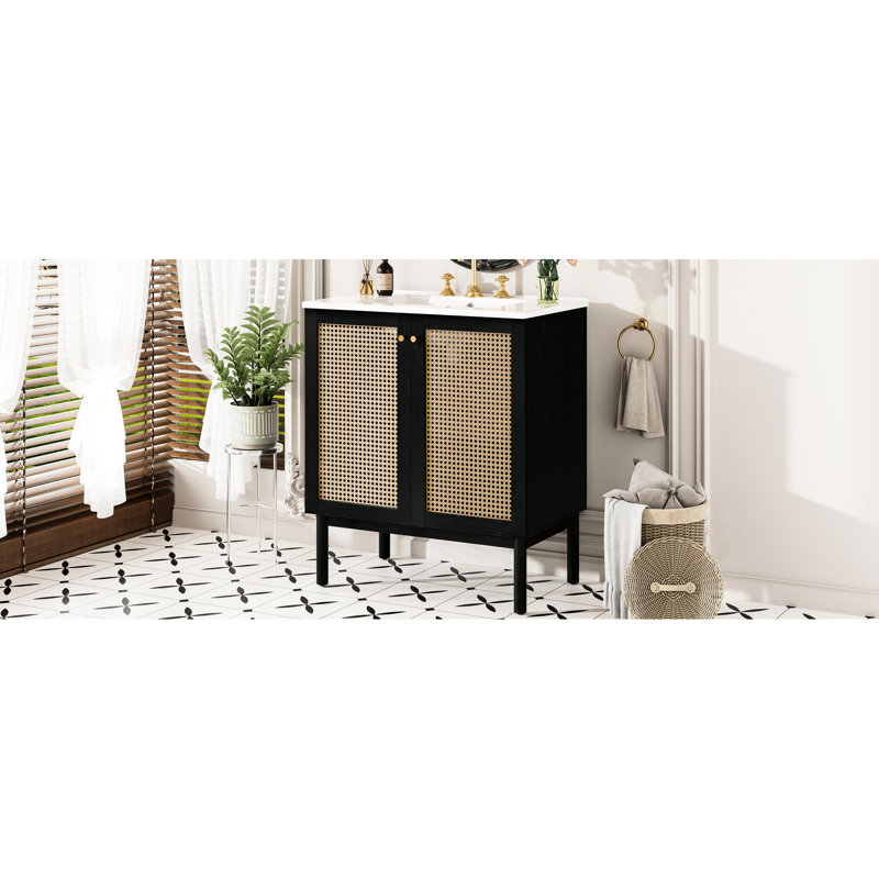 Meuble-lavabo de 30 pouces en matériaux naturels offrant un rangement généreux et des portes à fermeture en douceur