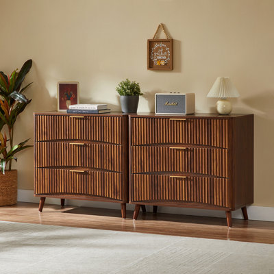Fluted 3 Drawer Dresser Set of 2, Mid-Century Modern Tall Chest of Drawers with Vertical Grooved Design, Solid Wood Storage Cabinet with Metal Handles