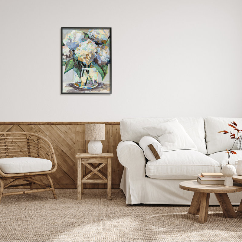 «Modern Hydrangea Flower Bouquet», impression de peinture florale abstraite, H 30 po x l 24 po, Giclée encadrée noir minuit