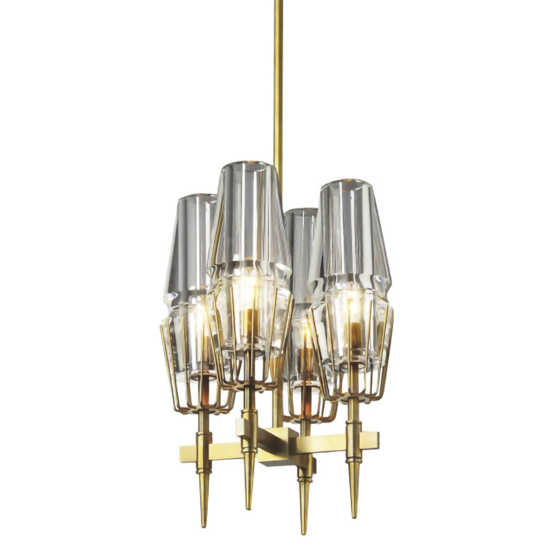 Lustre 4 lumières en laiton doré avec abat-jour en verre transparent