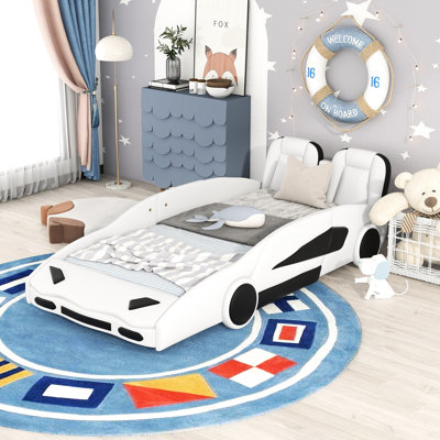 White Twin Race Car-Shaped Platform Bed With Rotatable Function Wheels And Guardrails - Functional Protected Bedroom Addition Size Car Design Movable Attractive