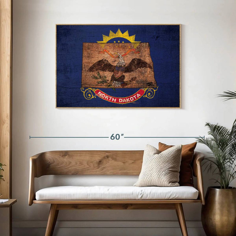 State Map Over North Dakota Flag, Floating Frame Natural Wood, 43" X 29"