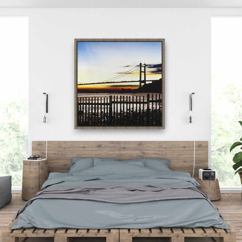 Pont par Sunset - Toile encadrée orange pour la décoration intérieure, H 37,25 po x l 37,25 po