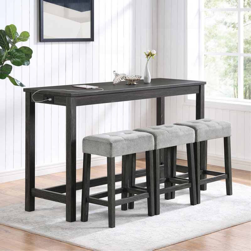 Ensemble de table de bar avec prise de courant, ensemble de table de bar et de chaises, ensemble de table de salle à manger 4 pièces, ensemble de table de petit déjeuner industriel, pour salon, salle à manger, salle de jeux