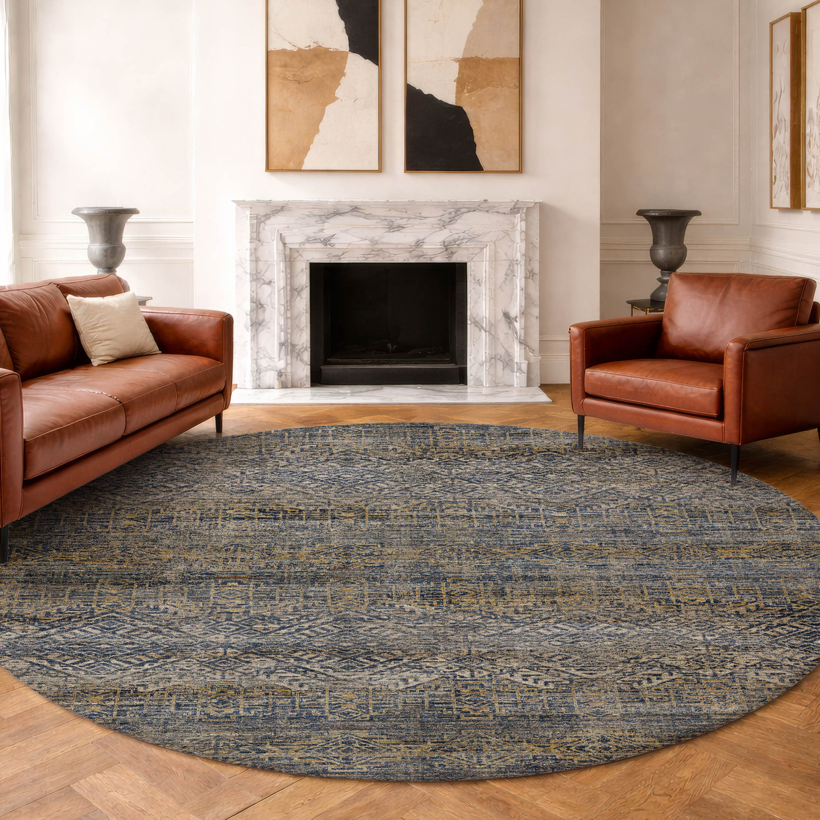 Premium Machine Washable Tirico Casual Rug, Navy, 8' Round