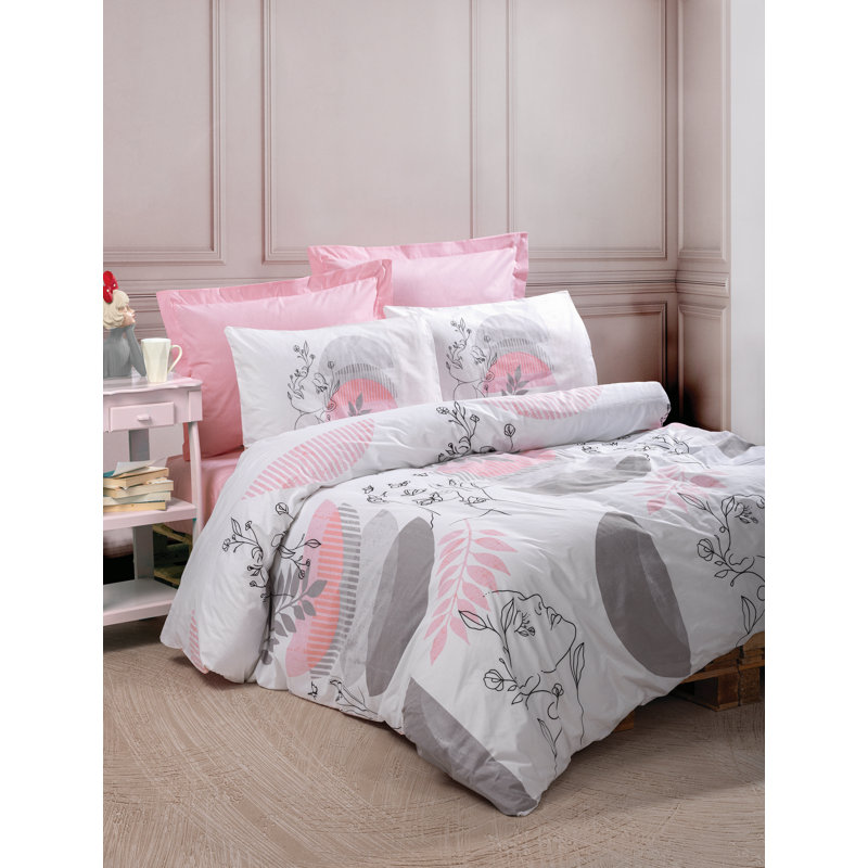 Ensemble de housse de couette 100% coton rose / blanc / gris 4 pièces