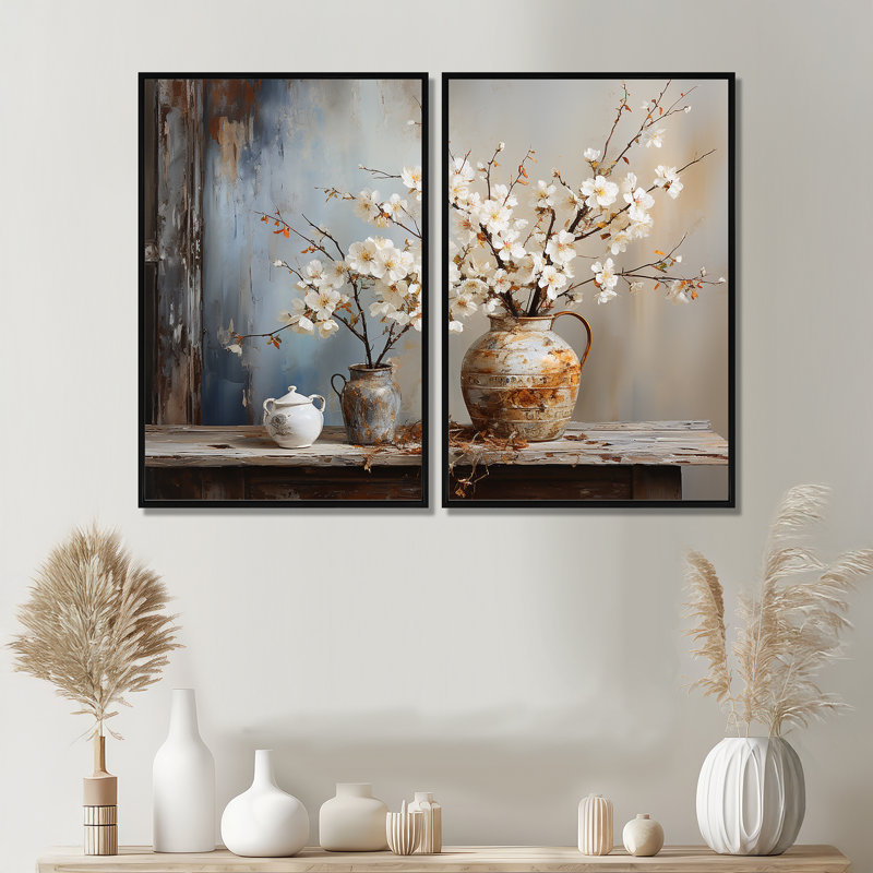 Pottery And Flowers Still Life - Traditional Canvas Prints, Black, 36" H x 48" W, Framed Print without Mat