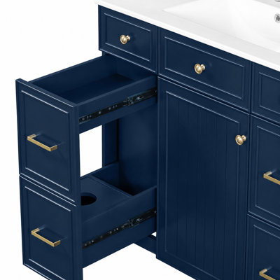 Meuble-lavabo autoportant de 91 cm (36 pouces) avec lavabo en céramique, portes à fermeture douce, 3 tiroirs et étagères réglables.
