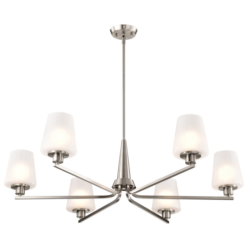 Lune - lustre - verre blanc gravé, Six lumières, Nickel brossé, H 10,25 po x l 40 po x P 40 po