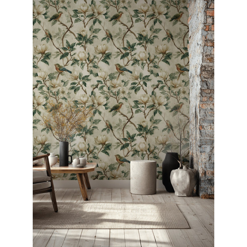 Papier peint floral avec oiseaux, Non tissé, non collé