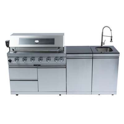 Barbecue de cuisine extérieure 43 pouces à 6 brûleurs 85000 avec comptoirs en granit, allumage électronique, tiroirs de rangement et construction en acier inoxydable, tiroirs îlot de conception américaine, chauffe-plats à l'allumage