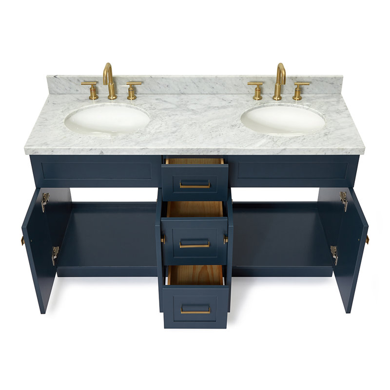 Abell 61'' Double Bathroom Vanity with Carrara Marble Top, Midnight Blue