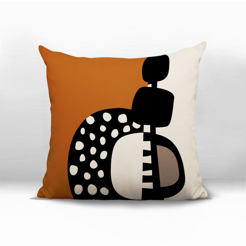 Oreiller carré réversible intérieur / extérieur Khari, H 19 po x l 19 po, Orange brûlé / noir / blanc cassé abstrait
