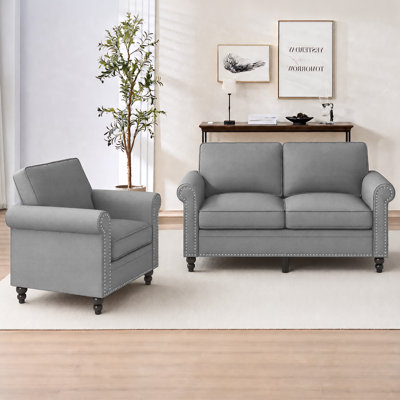 Linen 2+1 Seater Loveseat & Accent Chair Sofa Set with Rolled Arm & Solid Wood Legs